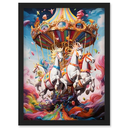 Artery8 Magical Carousel in Rainbow Clouds Bright Bold Vibrant Fantasy Kids Bedroom Baby Nursery Artwork Framed Wall Art Print A4