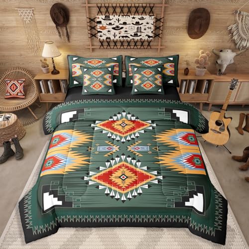 Erosebridal Boys Western Decor 7-Piece Boys Comforter Set Queen Size Bohemian Aztec Bedding Set Exotic Southwestern Geometric Bed in A Bag Rustic Farmhouse Sheets for Kids Teens Adult Men, Green