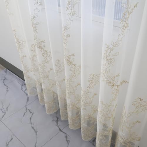 Amidoudou 1 Pair Luxury Embroidered Tulle Curtains for Living Room Wedding 3D Gold Flower Sheer Curtains (White,51x90 Inch)