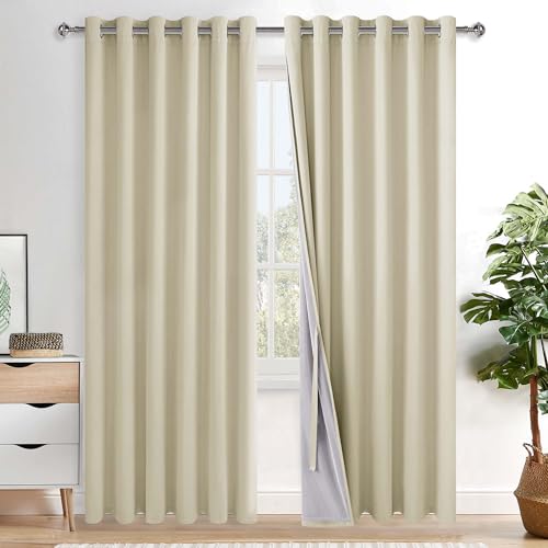 XWZO 100% Blackout Curtain Panels - Thermal Insulated Black Liner Curtains, Noise Reducing and Heat Blocking Drapes for Hall and Studio Windows with Tiebacks, Light Beige, W70 x L84, Set of 2