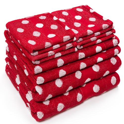 Beachland Polka Dot Bath Towel Set - Reversible Terry Cloth- Soft Cotton - Super Absorbent and Fast Drying Towels - Fade Resistant - Eco-Friendly (Red, 8 Pack)