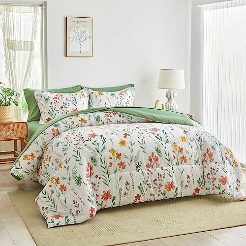 AIKASY Bed in a Bag 7 Pieces King Size - Floral Print - Soft Microfiber, Reversible Bed Comforter Set (1 Comforter, 2 Pillow Shams, 1 Flat Sheet, 1 Fitted Sheet, 2 Pillowcases)???White, King???
