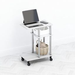 Furinno TOMI Side Table, 3-Tier C-Shape Open Shelf End Table with Wheels, Night Stand, Bedside Table, Toolless Assembly, for Living Room, Bedroom, White Oak/Stainless Steel