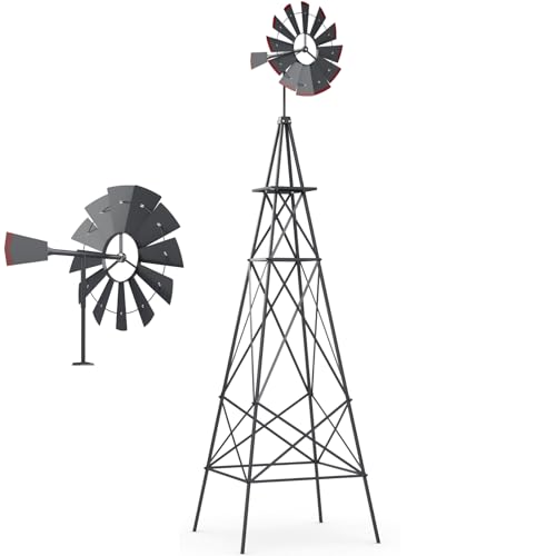 GiantexUK Garden Metal Windmill, 8FT Ornamental Wind Mill, Garden Decoration Weather Vane for Farm, Backyard and Patio (Dark Grey, More X-braces)