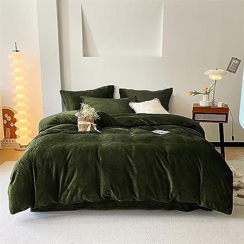 Luxlovery Army Green Velvet Comforter Set Queen Dark Green Flannel Bedding Comforter Blackish Green Minimalist Bedding Set Thick Soft Breathable Blanket Quilts Modern Winter Comforter for Women Men