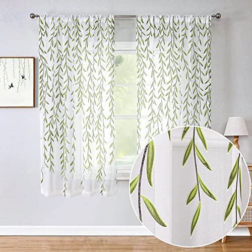 BROSHAN Short Sheer Curtains 2 Panel Set,Green Print Curtains Sheer Leaf Pattern White Sheers 63 inches Long Sheer Window Curtains Rod Pocket for Small Bedroom Bathroom Kitchen