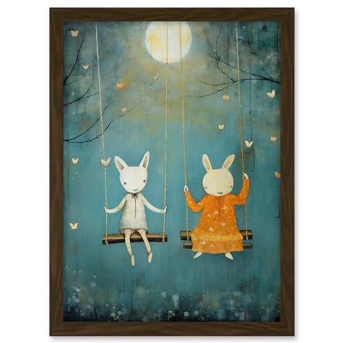 Artery8 Rabbits on a Swing with Moonlit Butterflies Calming Baby Nursery Artwork Framed A3 Wall Art Print