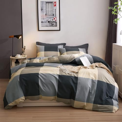 VM VOUGEMARKET Teens Boys Duvet Cover Queen,3 Pieces Black Gray Plaid Bedding Duvet Cover Set,100% Cotton Simple Modern Farmhouse Bedding Set Without Comforter-90x90,Checkered