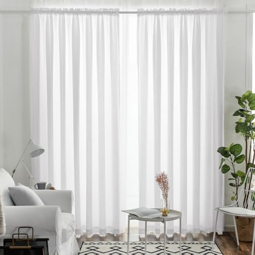 "Melodieux White Semi Sheer Curtains 108 Inches Long for Living Room Bedroom, Extra Long Linen Look Rustic Light Filtering Shiny Sheer Drapes Curtains Rod Pocket, 52"" W x 108"" L, 2 Panels"