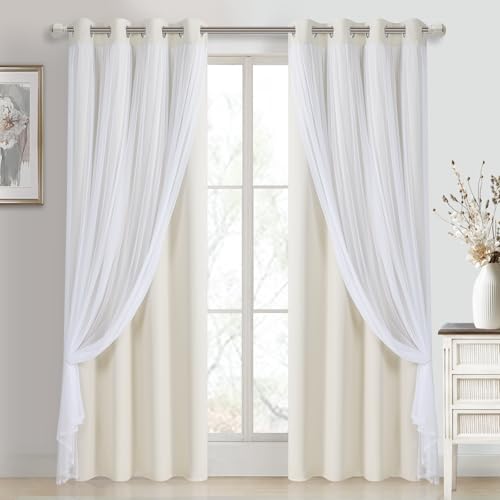 DWCN Blackout and Sheer Curtains with Tiebacks Layered Curtains for Living Room Grommet Top Window Curtain Panels with Sheer Overlay, 52 W by 84 L, Ivory, 2 Pieces