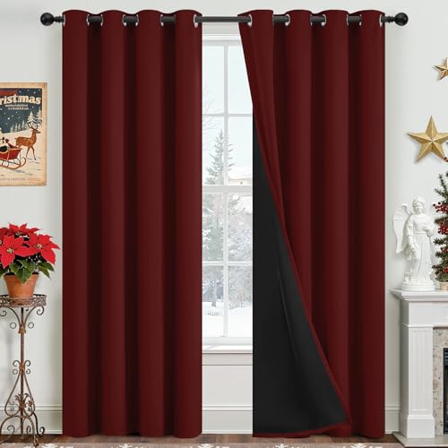 Yakamok 100% Blackout Curtains for Bedroom, Full Light Blocking Drapes with Black Backing, Noise Reducing Thermal Insulated Grommet Panels for Living Room, 52Wx96L,Burgundy Red, 2 Panels