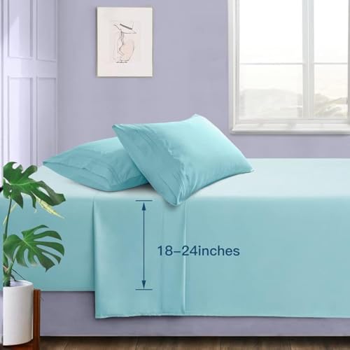 Manyshofu Extra Deep Pocket Twin Sheets, Aqua Blue Microfiber, 3 Piece - 1800 Thread Count, Ultra-Fine Microfiber, Fits Up To 24 Inches Deep, Wrinkle And Fade Resistant, Machine Washable