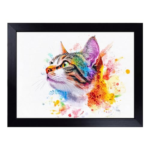 Lap Tray with Bean Bag Cushion, Colourful Cat - Handmade in the UK, Raised Wooden Edge, Padded Cushion, Heat-Resistant Wipe-Clean Surface, for Meals, Laptops and Crafts