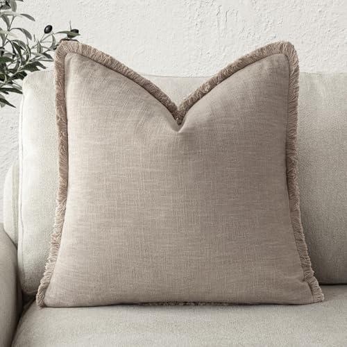 Foindtower Decorative Linen Fringe Throw Pillow Covers Boho Farmhouse Cushion Cover with Tassels Soft Accent Pillowcase for Chair Sofa Bed Living Room Home Decor, 24??24 Inch,1PC,Natural Linen