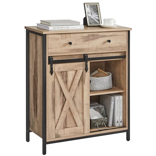 VASAGLE Sideboard, Storage Cabinet, Freestanding Kitchen Cupboard with Sliding Barn Door, 30 x 70 x 80 cm, Adjustable Shelf, Farmhouse Style, for Living Room, Toasted Oak Colour and Black LSC100B50