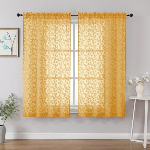 "Chyhomenyc Gold Short Curtains 45 Inch Length 2 Panels, Light Filtering Leaf Textured Window Curtain Panels for Bedroom Living Room, Elegant Rod Pocket Farmhouse Curtains, 30"" Wx45 L, 2 PCS"