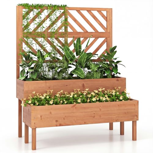GiantexUK 2-Tier Garden Bed with Trellis, Wood Garden Planter with Drainage Hole, Outdoor Elevated Flower Pots Planting Box for Climbing Plants Vine Vegetables Herbs (Orange, 109x62x135cm)