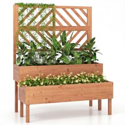 GiantexUK 2-Tier Garden Bed with Trellis, Wood Garden Planter with Drainage Hole, Outdoor Elevated Flower Pots Planting Box for Climbing Plants Vine Vegetables Herbs (Orange, 109x62x135cm)
