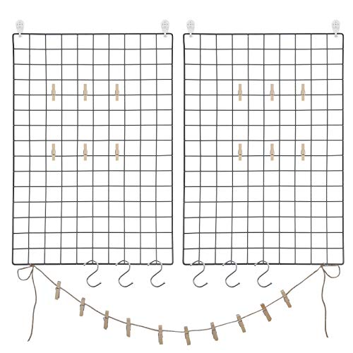 SONGMICS Photo Wall Wire Mesh Set of 2 Multifunctional Grid Decor with S Hooks, Clips and Hemp Cord, Black LPP02H