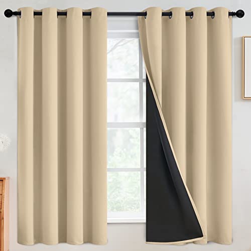 SimpleHome Beige 100% Blackout Curtains Room Darkening Living Room 63 Inch - Curtains for Bedroom,Thermal Insulated Grommet Window Drapes,Curtains for Living Room with Black Back,52 x 63 Inch,2 Panels