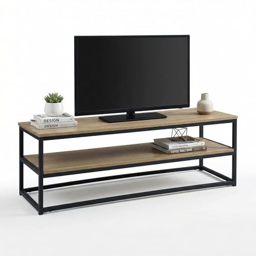 FurnitureR 120cm Industrial TV Stand with Storage Shelf, MDF Wood & Metal Frame TV Unit for Living Room, Rustic Media Console Table 120x40x42cm