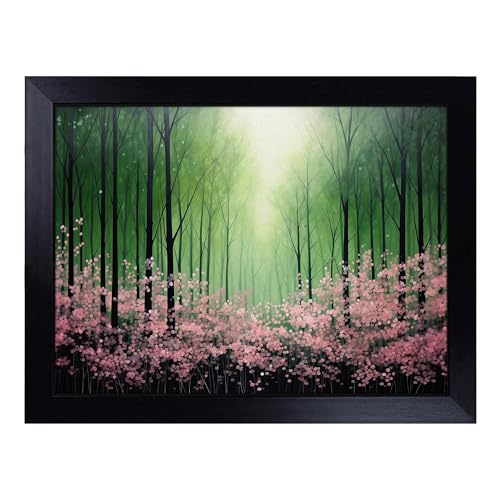 Lap Tray with Bean Bag Cushion, Spring Forest Minimalism - Handmade in the UK, Raised Wooden Edge, Padded Cushion, Heat-Resistant Wipe-Clean Surface, for Meals, Laptops and Crafts