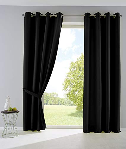 Gardinenbox Palermo Opaque Curtains, Matte, Translucent, with Eyelets and Tiebacks, Decorative Curtain, 100% Polyester, Black, H x W 225 x 140 cm