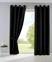 Gardinenbox Palermo Opaque Curtains, Matte, Translucent, with Eyelets and Tiebacks, Decorative Curtain, 100% Polyester, Black, H x W 225 x 140 cm