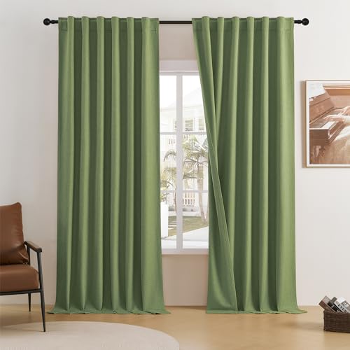 DUALIFE Sage Linen Blackout Curtains Back Tab and Rod Pocket Thermal Insulated Light Blocking Drapes for Bedroom 2 Panels Set 50X84 Inches