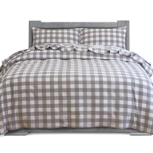 Elegant Comfort Soft 4-Piece 100% Turkish Cotton Flannel Sheet Set - Premium Quality, Deep Pocket Fitted Sheet, Ultra Soft, Cozy Warm and Anti-Pill Flannel Sheets - Cali King, Buffalo Check Gray