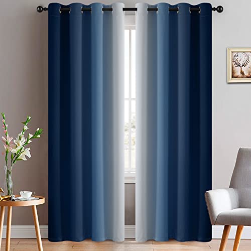 Yakamok 244.8 cm Length Light Blocking Thermal Insulated Grommet Window Curtains Room Darkening Gradient Ombre Curtains for Bedroom (Blue and Grey White, 132.9 x 244.8 cm, Pack of 2)