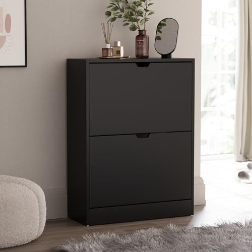 Vida Designs Shoe Cabinet, Wooden Shoe Storage Unit with 2 Flip Drawers, Multifunctional Dust-Proof Space-Saving Slim Cupboard for Hallway or Entryway, 100% FSC Certified (Black)