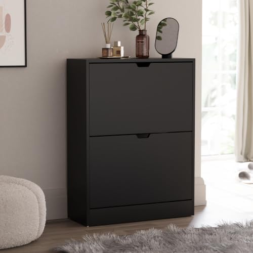 Vida Designs Shoe Cabinet, Wooden Shoe Storage Unit with 2 Flip Drawers, Multifunctional Dust-Proof Space-Saving Slim Cupboard for Hallway or Entryway, 100% FSC Certified (Black)