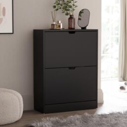 Vida Designs Shoe Cabinet, Wooden Shoe Storage Unit with 2 Flip Drawers, Multifunctional Dust-Proof Space-Saving Slim Cupboard for Hallway or Entryway, 100% FSC Certified (Black)