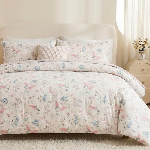 "Cozaline Duvet Cover Queen Size - 100% Nature Cotton Pink Floral Duvet Cover with Zipper Closure & Corner Ties,3pcs Soft & Breathable Pink Bedding Set with 2 Pillowcases 20""x30"""