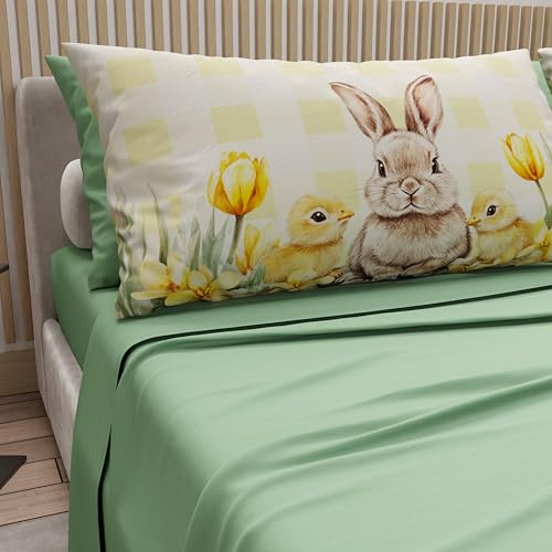 PETTI Artigiani Italiani - Easter Cotton Sheets with Pillowcases in Digital Print, Double Maxi, Complete Top and Bottom Sheet with Corners, 30 Sage, Made in Italy