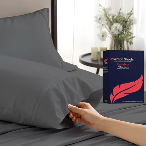 Ashton Sheets 100% Egyptian Cotton Pillow Cases Standard/Queen Size Set of 2 - Luxury 1200 Thread Count Sateen Dark Grey Pillow Cases, Silky Soft Cotton Pillowcases Fits Standard & Queen Pillows
