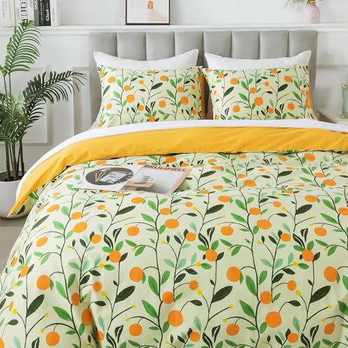 HoneiLife - Queen Size Duvet Cover Set, 3 Pieces, Floral Duvet Cover, Duvet Cover with Closure and Corner Ties, Botanical Fruit Duvet Cover Set