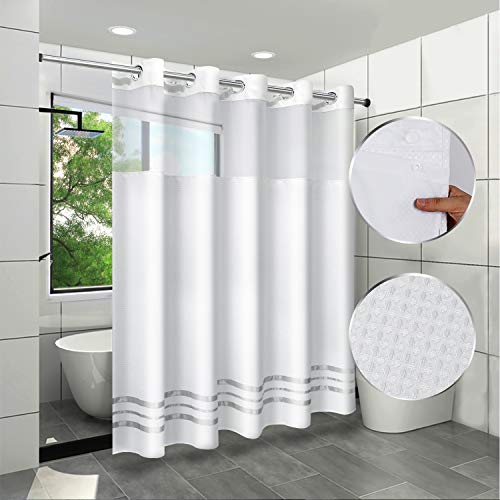 ARICHOMY Waffle Fabric Shower Curtain Set 250 GSM No Hook Removable Liner, Waterproof, Machine Washable 71 x 74 Inch, White