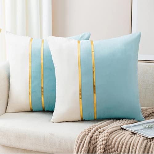 ZLINA Gold Leather Striped Throw Pillow Covers 24??24 Inch.Dark Green - 2-Pack,Velvet fabric two tone pillow cover,with gold leather stripe decoration cushion covers,for Sofa Bedroom Home Decor