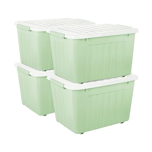 Cetomo 80L*4 Storage Boxes with Lids, Plastic Storage Box with Wheels and Secure Side Latches, Stackable & Nestable Organizer for Home, Office, Moving, PP, Green, 80L-4 Pack