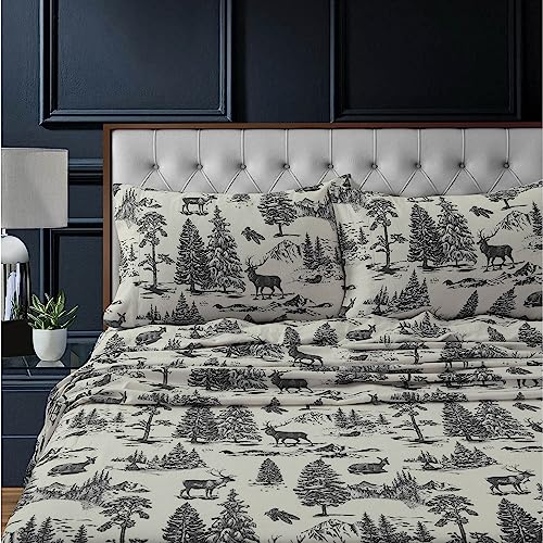 Tribeca Living 100% Cotton Flannel Sheet Set - 200 GSM, Deep Pocket, Ultra Soft & Cozy, California King, Deer Toile Charcoal