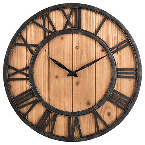 Oldtown Clocks Farmhouse Rustic Barn Vintage Bronze Metal & Solid Wood Noiseless Big Oversized Wall Clock 18-inch Wood