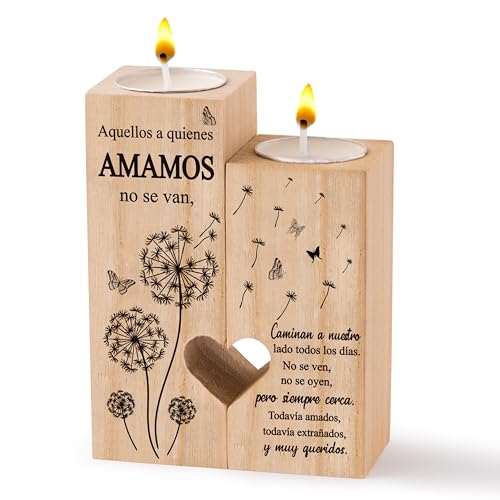 Zainpe Spanish Sympathy Candle Holders for Loss of Loved One, Wooden Heart Condolence Remembrance Keepsake Candlestick Table Decor for Mom Dad Grandma Friend, Spanish Memorial Bereavement Present