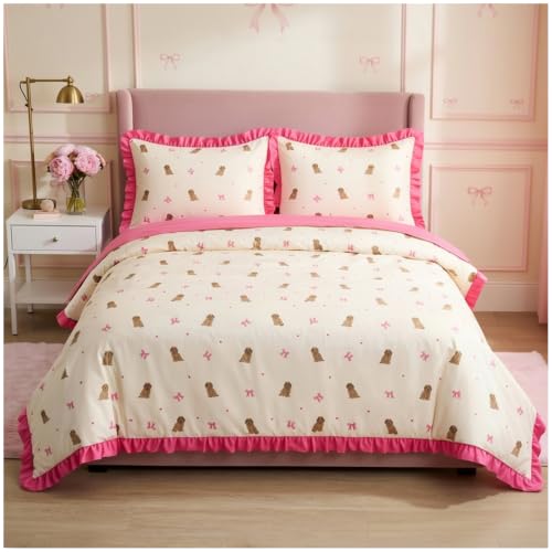 GC GAVENO CAVAILIA Puppy Duvet Cover King Size With Pillow Cases, Pink - Soft Breathable, Washable Duvet Cover Set- 3Piece Bedding Sets King Size Reversible Quilt Cover Button Closure, 230x220cm
