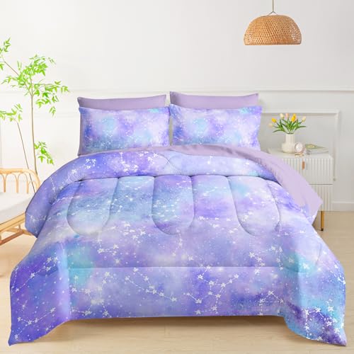 QOOMO Purple Galaxy 7 Pieces Comforter Set Full Size,Purple Star Bedding Set for Kids Teens Girls-Include 1 Comforter,1 Fitted Sheet,1 Flat Sheet,2 Printing Pillowcases and 2 White Pillowcases