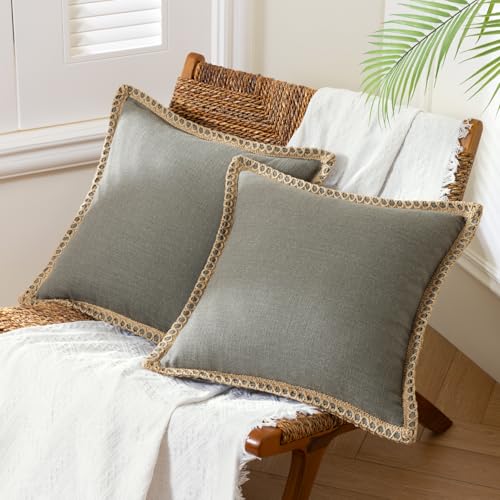 Phantoscope Pack of 2 Farmhouse Decorative Solid Throw Decorative Pillow Cover Burlap Linen Trimmed Tailored Edges Grey 24 x 24 inches, 60 x 60 cm