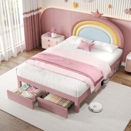 Ball & Cast Upholstered Double Bed with Adjustable Rainbow Headboard, Double Bed Frame with 2 Drawers, Stylish Rainbow Headboard with Crown, 135x190cm, Velvet, Pink (No Mattress)