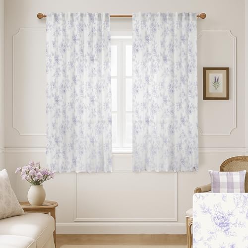 63 Inches Long Purple Floral Boho Linen Sheer Curtains 2 Panels Set for Bedroom,Back Tab Rod Pocket Sheer Pattern Curtains for Living Room