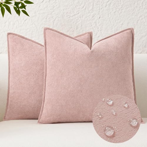 Kevin Textile Waterproof Decorative Pillow Covers Light Pink 16x16 Inch Pack of 2 Soft Boucle Textured Throw Pillowcases Elegant Accent Pillows for Couch Sofa Chair Bed Home Decor Indoor Outdoor